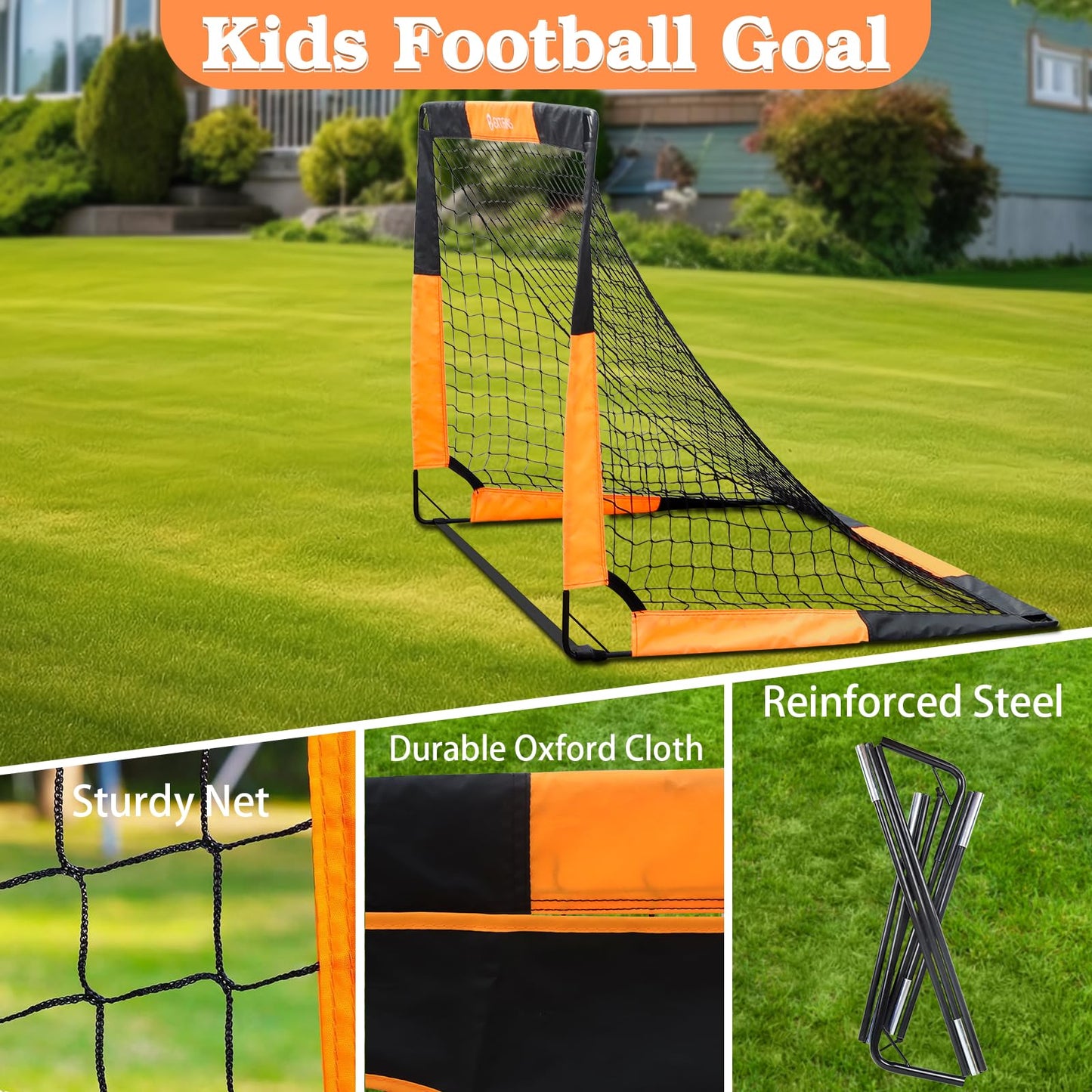 EXTFANS 2 in 1 Kids Soccer Goal, Pop-up Soccer Net with Target Goal, 4 U-shaped steel stakes and carrying bag, soccer goal for boys outdoor garden training gifts (1.2m*0.9m)