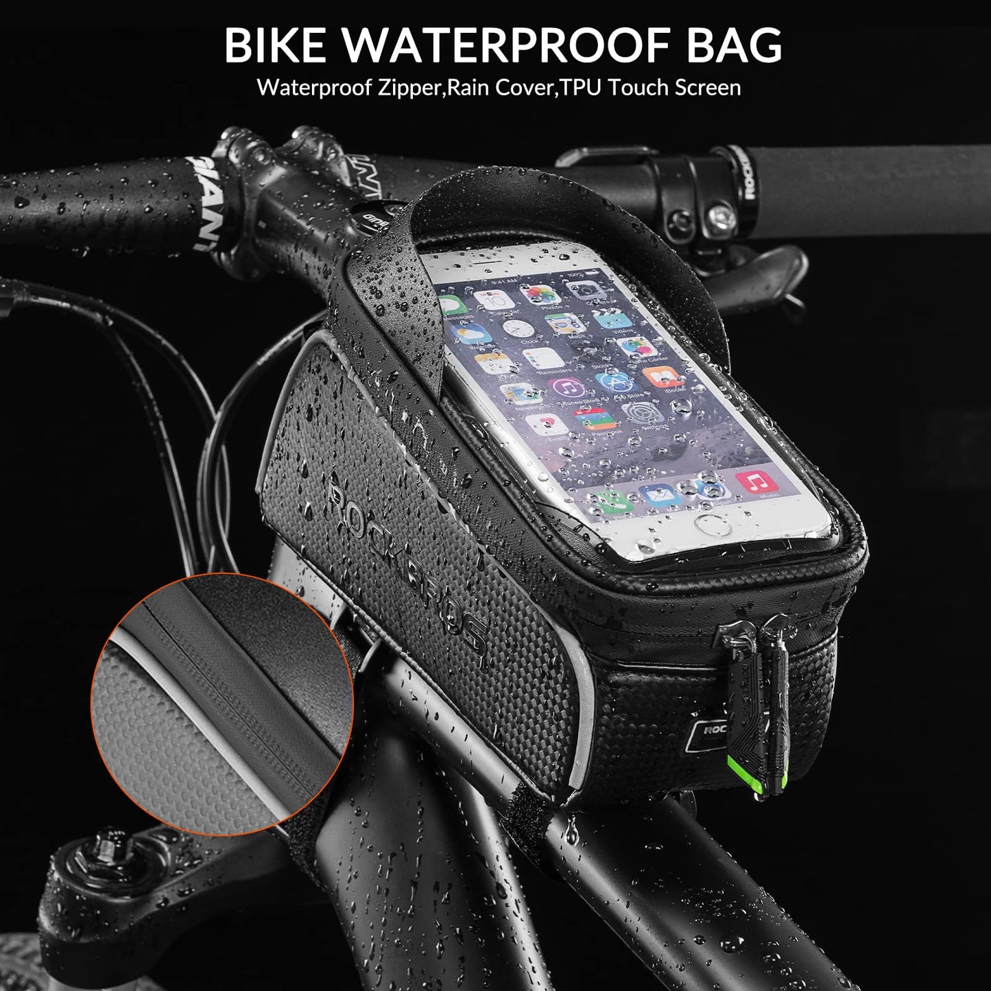 ROCKBROS bike frame bag water-repellent handlebar bag, top tube bag touchscreen for smartphones up to 6.5 inches road bike MTB gravel bike.
