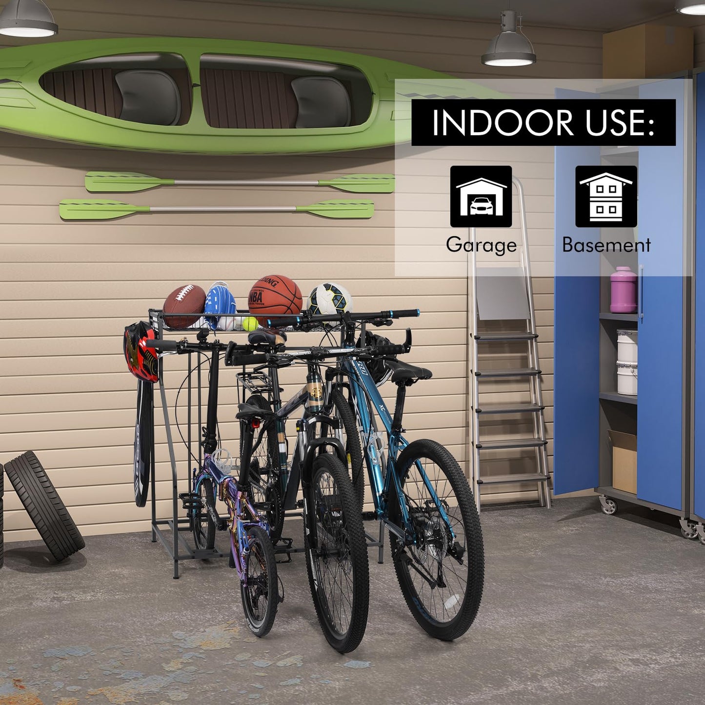 Bike rack, bicycle parking stand with 3 bike slots, extra wide basket, 6 hooks, adjustable bike slot for garage storage mountain bike, kids' bikes, bike stand