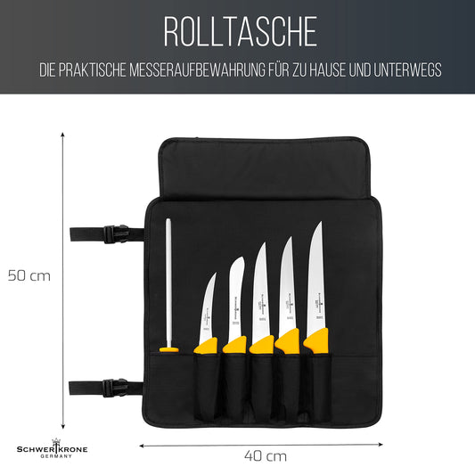 Sword Crown Knife Roll Bag for Butcher Knife Set with 6 Slots, Storage Bag for Knives, Kitchen Tools, Cooking Equipment, and Accessories, Black