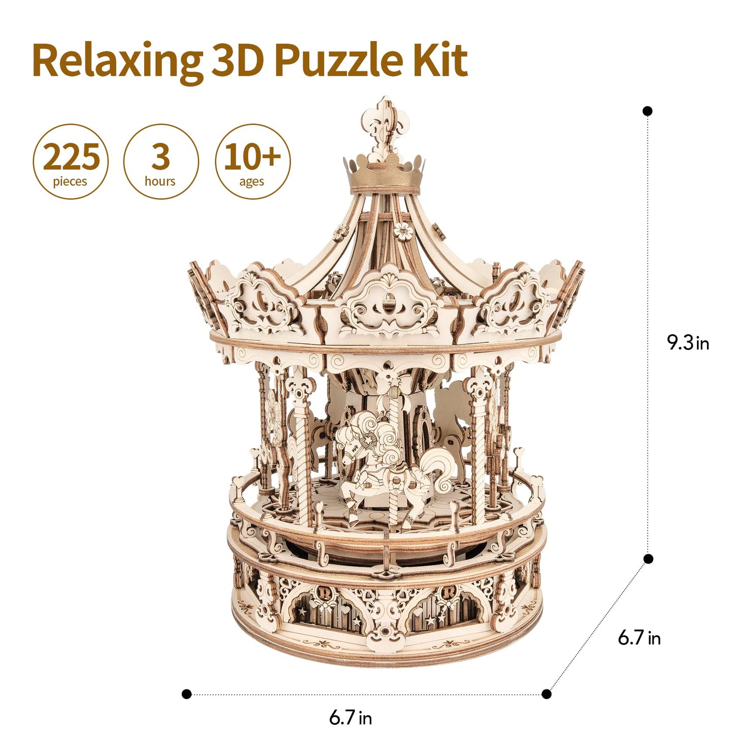 Robotime 3D Puzzle Wooden Carousel, laser-cut model kit for adults, DIY gift for Christmas & birthday gift.