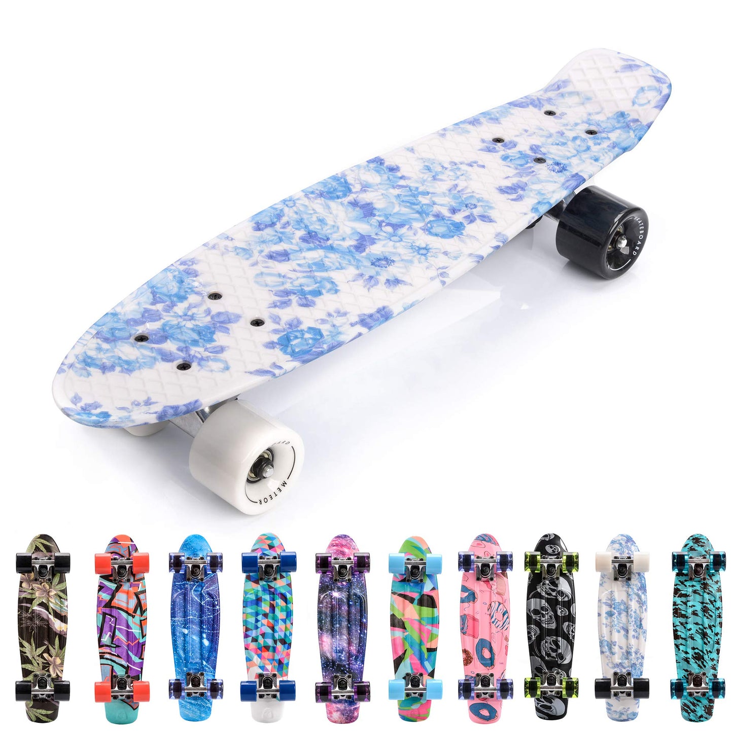 meteor Skateboard Kids Mini Cruiser Kickboard for girls Retro Boys Mini Board Children Vintage miniboard, FLOWERS white