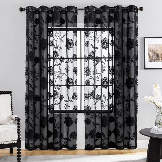 Treatmentex top curtain jacquard curtains with eyelets Black 3D flower pattern Semi-transparent curtains Vintage Romantic Decorative curtains Eyelet curtains for girls' room living room, 2 pieces, 140x180cm (WxH)