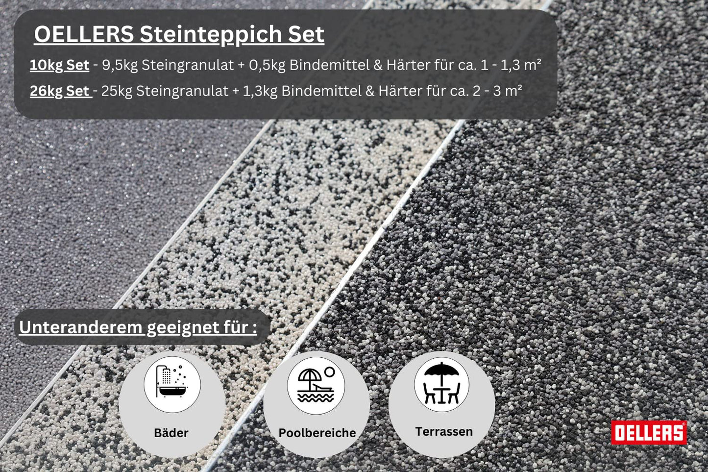 OELLERS Stone Carpet Kit, Black, 10kg, seamless 2k floor coating for indoor & outdoor use, based on epoxy resin, excellent for kitchens, bathrooms, garages, and more.