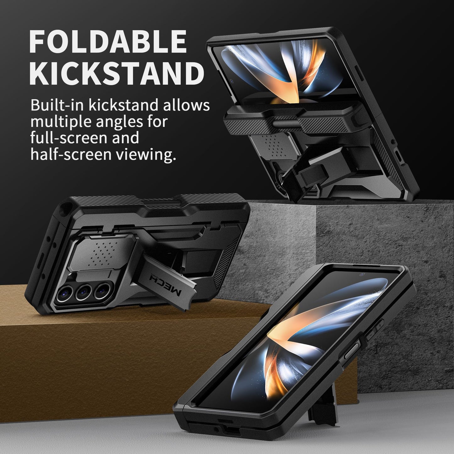 Tongate case for Galaxy Z Fold 5, with new S Pen holder & display protection & kickstand, full-body rugged hinge protection with belt clip camera cover for Samsung Galaxy Z Fold 5 case, black