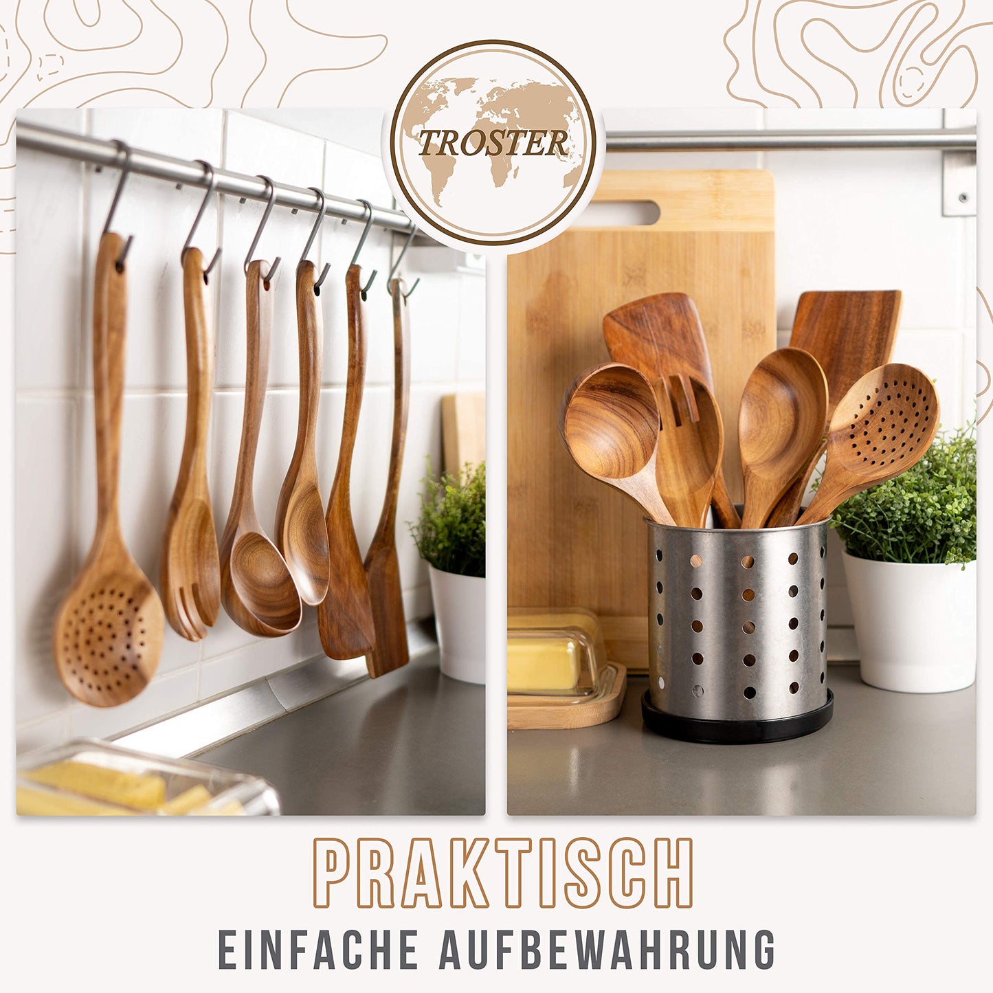 TROSTER® Kitchen Utensil Set Wood - 100% FSC - Wooden spatula, wooden spoon, wooden soup ladle, wooden skimmer - Wooden kitchen helper set - Wooden cooking utensil set - Wooden cooking utensils set