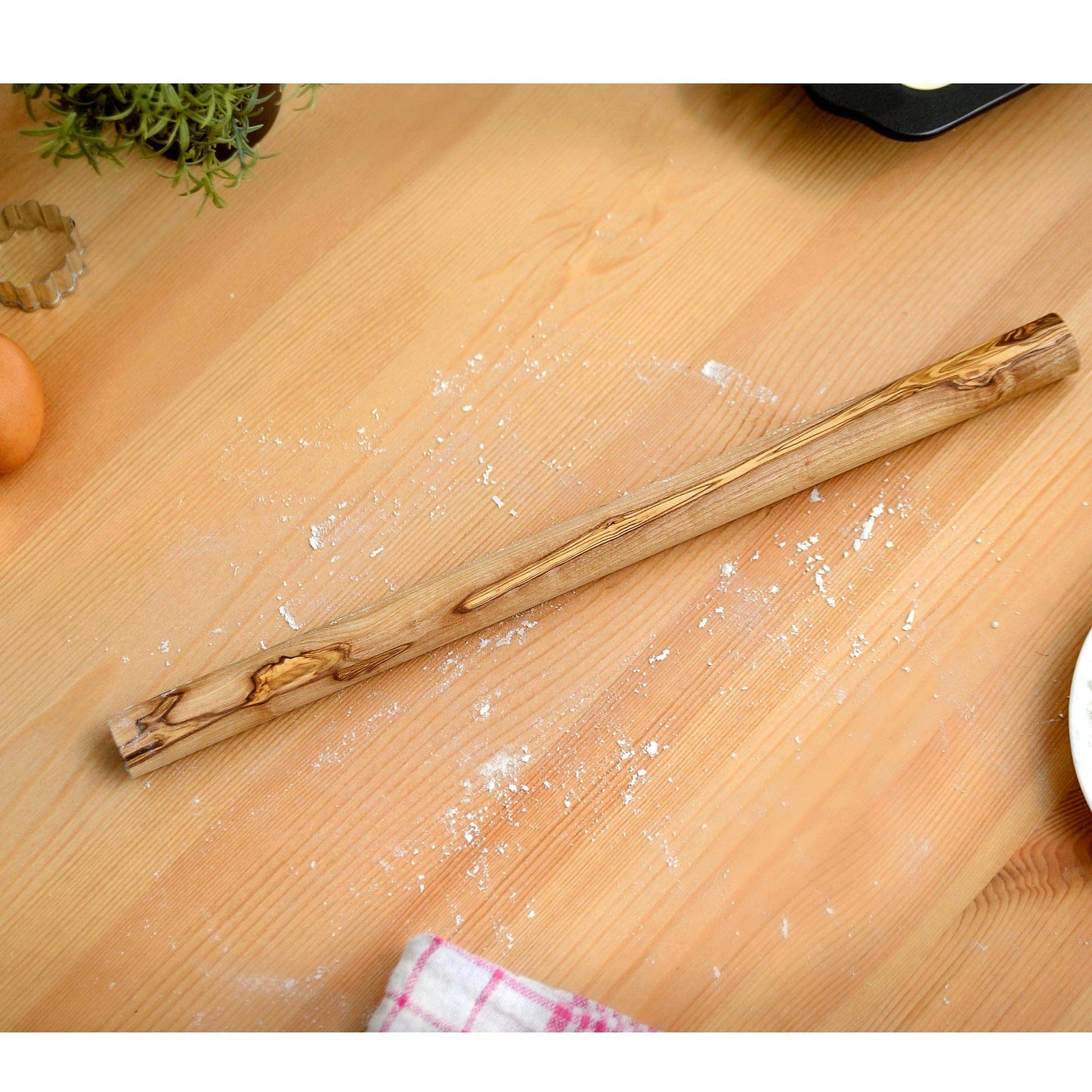 NATUREHOME wooden dough roller for spreading pizza, crepes, cakes, noodles, and pastry. Handmade, handle-less noodle rod, 42x4 cm.