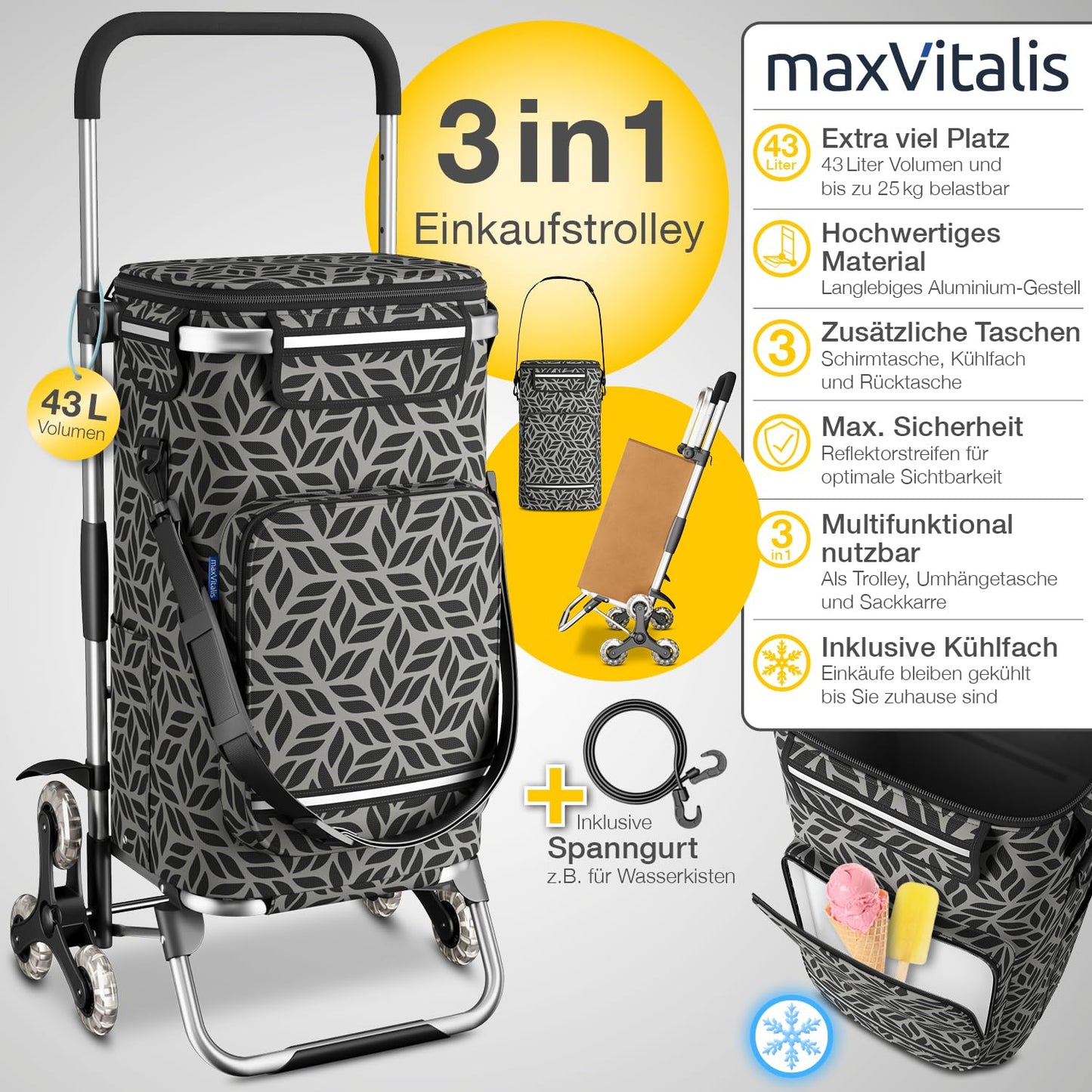 ELONEO Shopping Trolley with cooler compartment, foldable shopping cart for stairs, height adjustable, with reflectors, removable 43 L bag, stair climber (Grey)