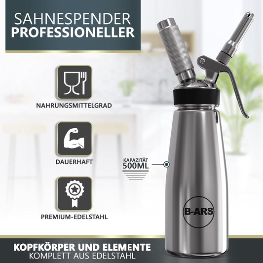 B-ARS cream dispenser stainless steel 0.5L for whipped cream espumas with accessories decoration nozzles injection needles cleaning brush storage bag recipe ebook cream spray bottle.