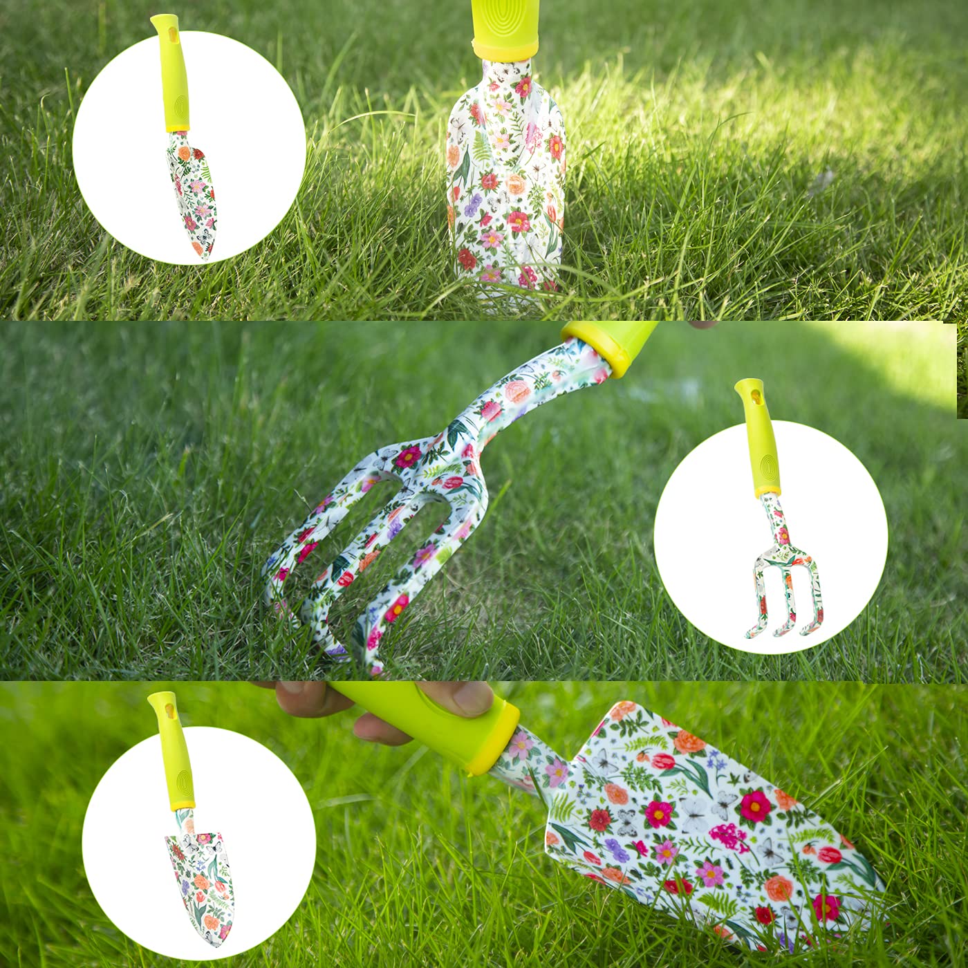 STANEW Garden Tools Set, High Performance Aluminum Gardening Supplies, Outdoor Gardening Gear for Women with Flower Print, 5 PCS including Trowel, Hand Rake, Transplanter, Gloves, Apron