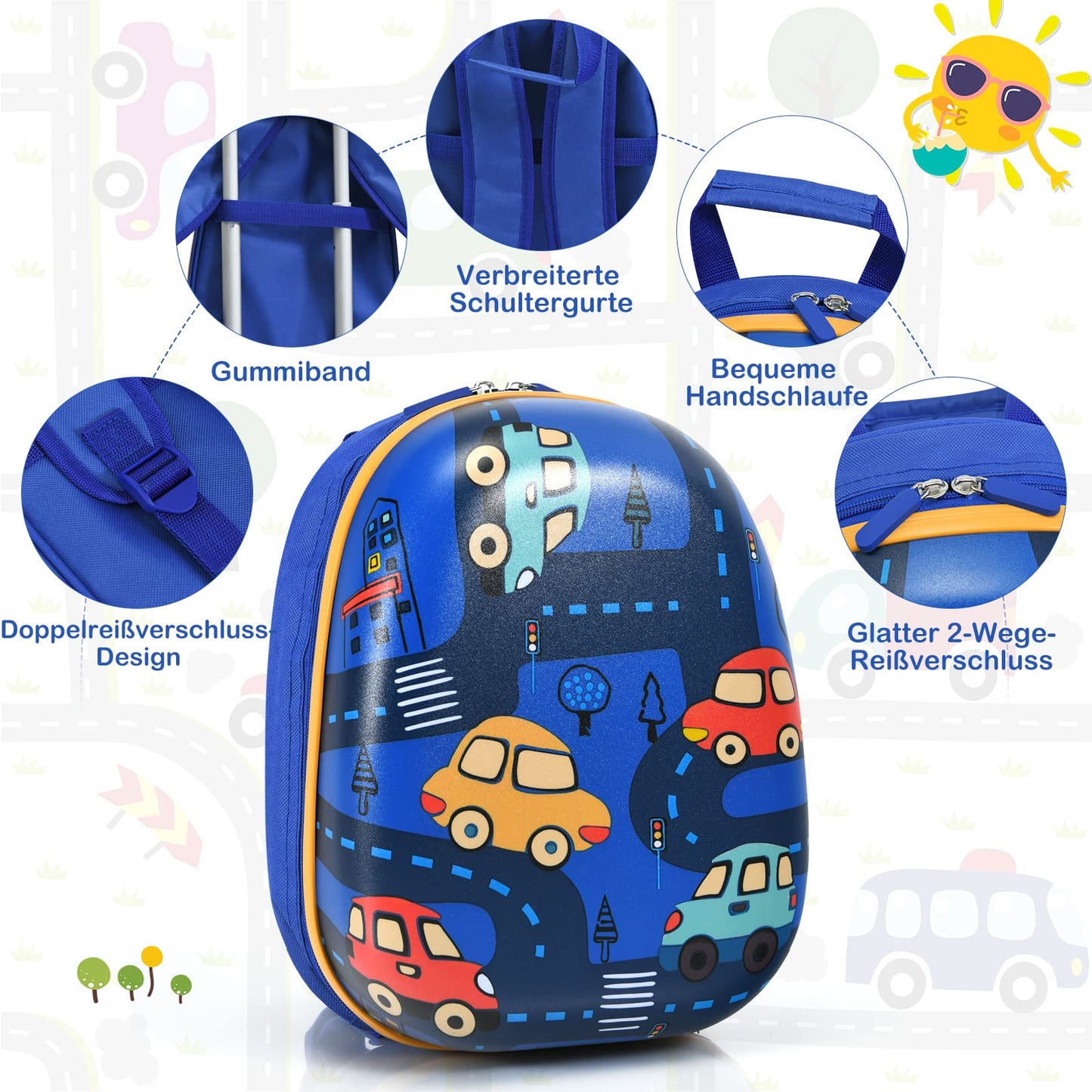 GOPLUS kids suitcase with backpack, kids trolley, children's luggage with wheels, travel suitcase with telescopic handle, hard shell suitcase for kids, children's trolley choice of colors (cartoon car, 12"+18")