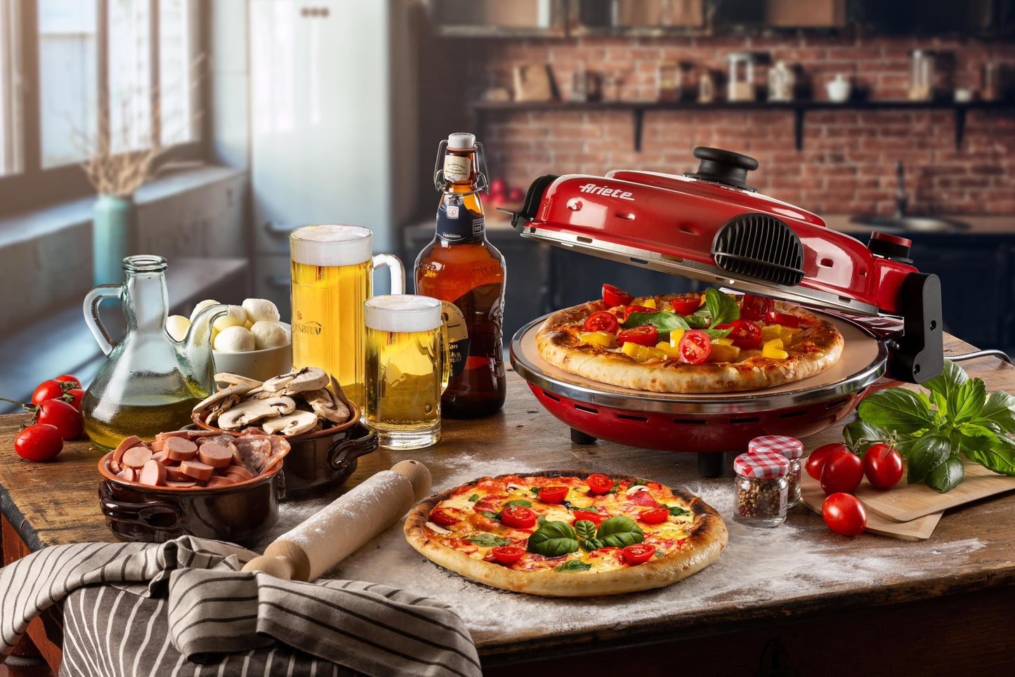 Ariete Pizza Oven 919, 4-minute pizza, 5 cooking levels, heat-resistant plate for reheating, wooden cutting board included, Max. temp 400°C, 1200W, Red.
