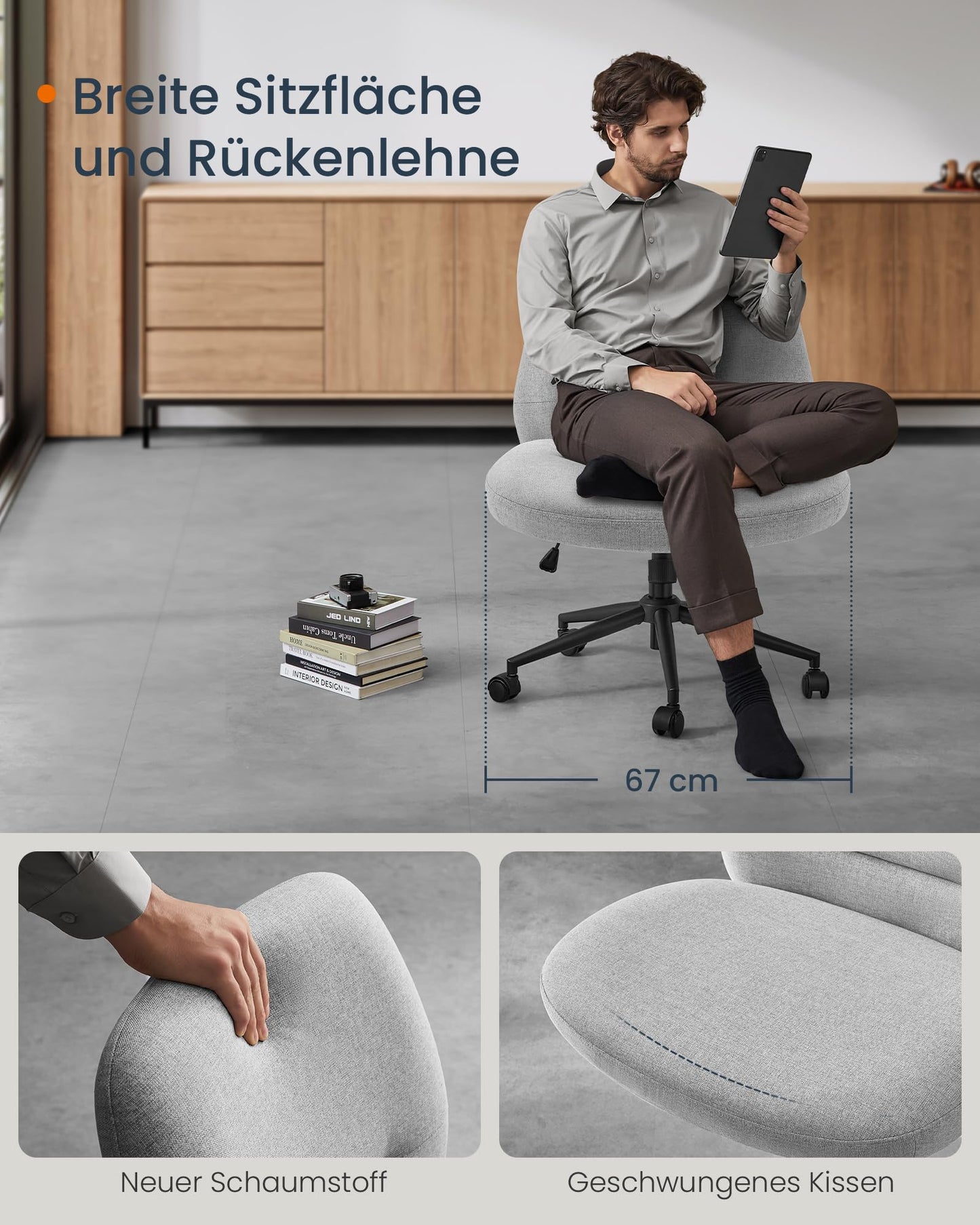 SONGMICS HOME Sewing Chair, Vanity Chair, Swivel Chair without Armrests, Office Chair, wide seat, modern design, with base, adjustable height, rocking function, Dove Gray OBG047G01