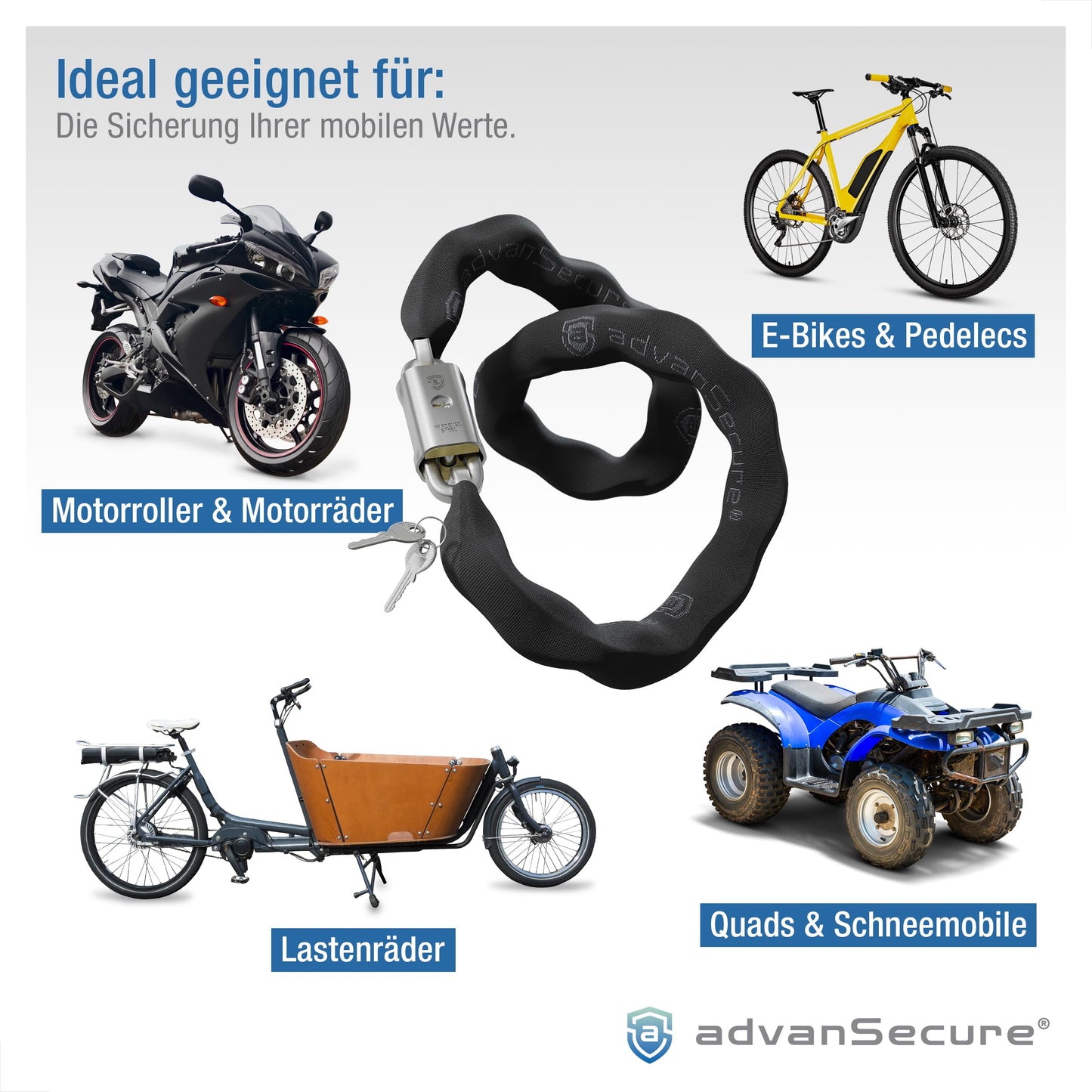 advanSecure® high-security chain lock with saddle bag | ideal for e-bikes | max. security level | 120 cm length, 10 mm chain links | hardened special steel