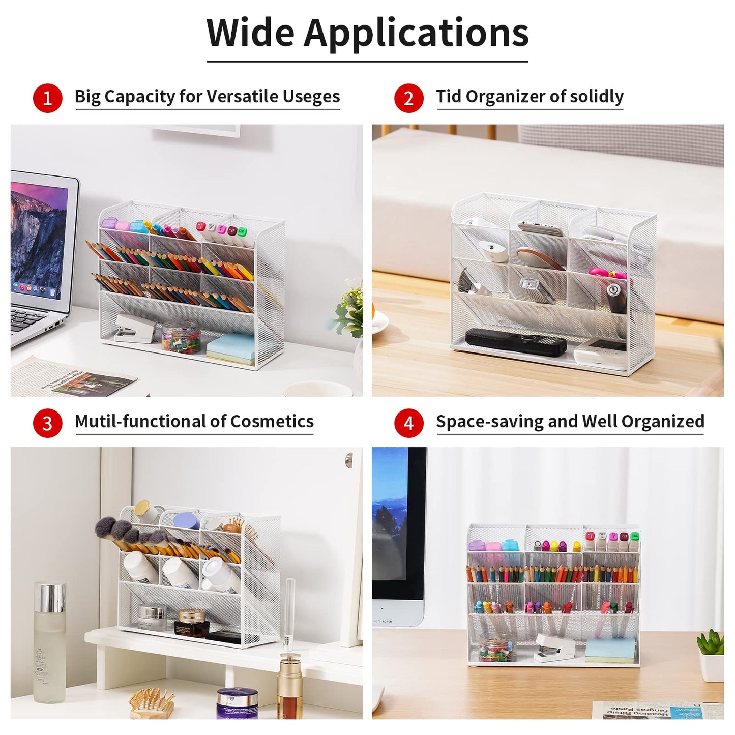 Marbrasse Mesh Desk Organizer, Multifunctional Pen Holder, Desk Organizer, Storage Shelf for School and Home Office Supplies (White)