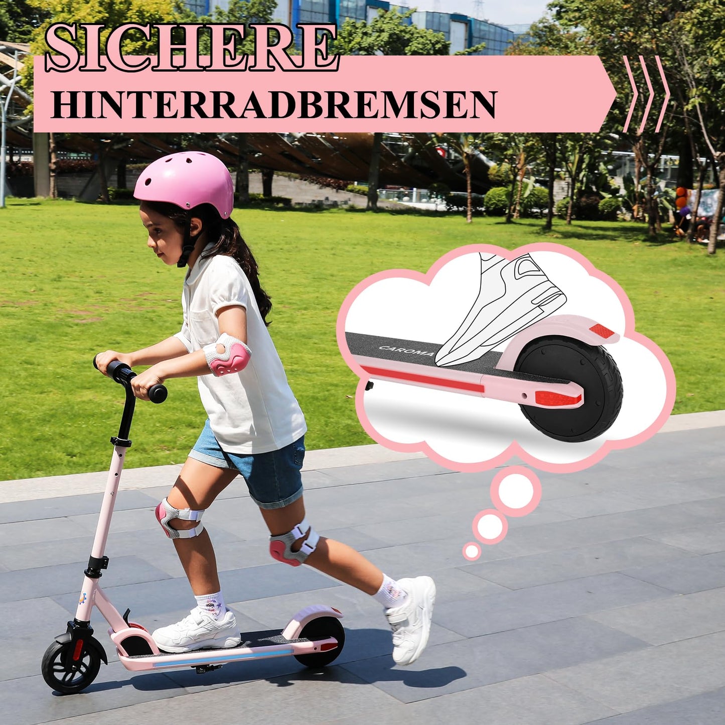 Caroma E-Scooter for kids aged 8-12, 150W motor, 16 km/h, kids' electric scooter, adjustable speed & height, colorful lights, LED display, foldable electric scooter for kids.