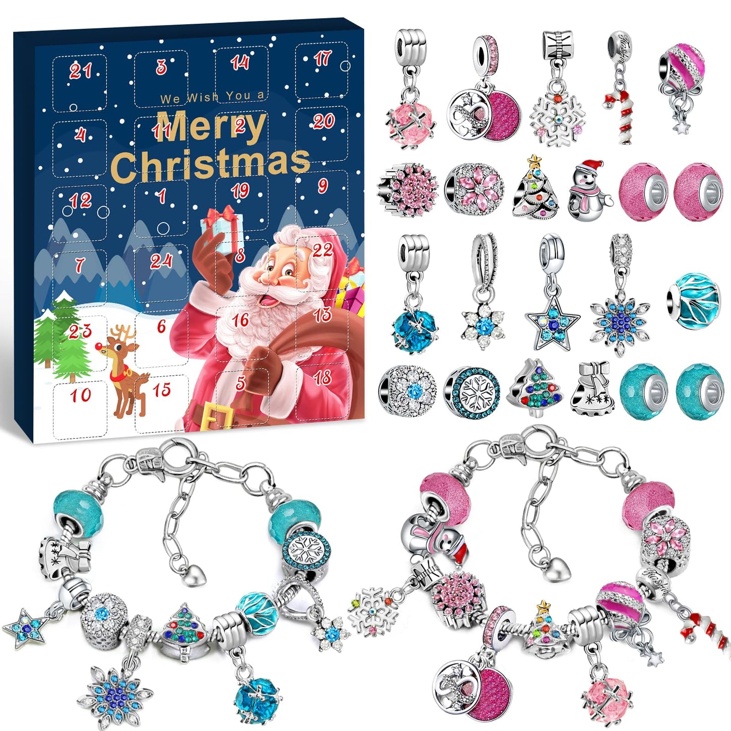 KAZATE Advent Calendar 2025 for Girls, Christmas Jewelry Calendar, 24 Fillings DIY Charms Bracelet Kit, Christmas Gift for Teenagers 6-12 Years, Blue Pink (Pink+Blue)