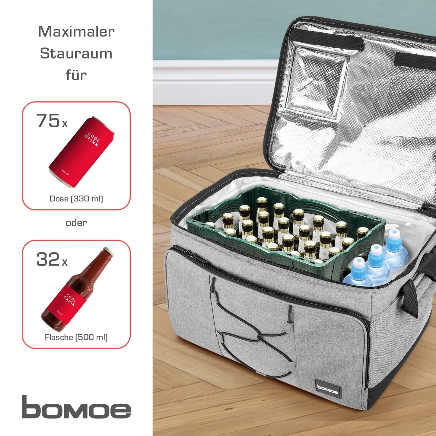 bomoe 52 liter XXL cooler bag foldable - outdoor cooler box 16h cooling function with shoulder strap, waterproof picnic bag thermal bag with storage surface, insulated bag gray - IceBreezer KT53
