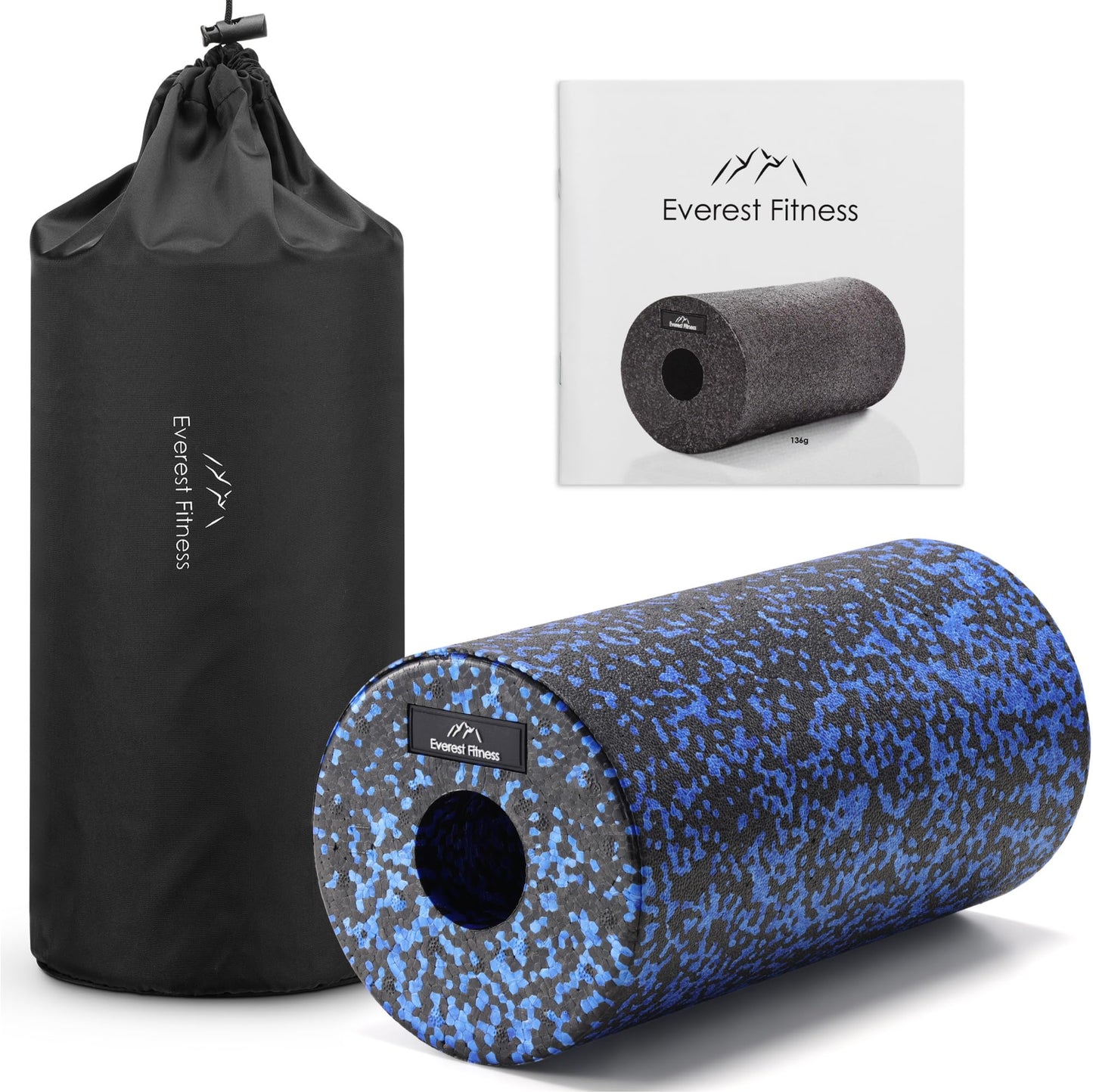 EVEREST FITNESS Fascia Roller Spine 30 cm medium-firm in black/blue incl. booklet - Professional fascia roller for back - Foam roller - Massage roller - Fitness roller - Yoga massage roller