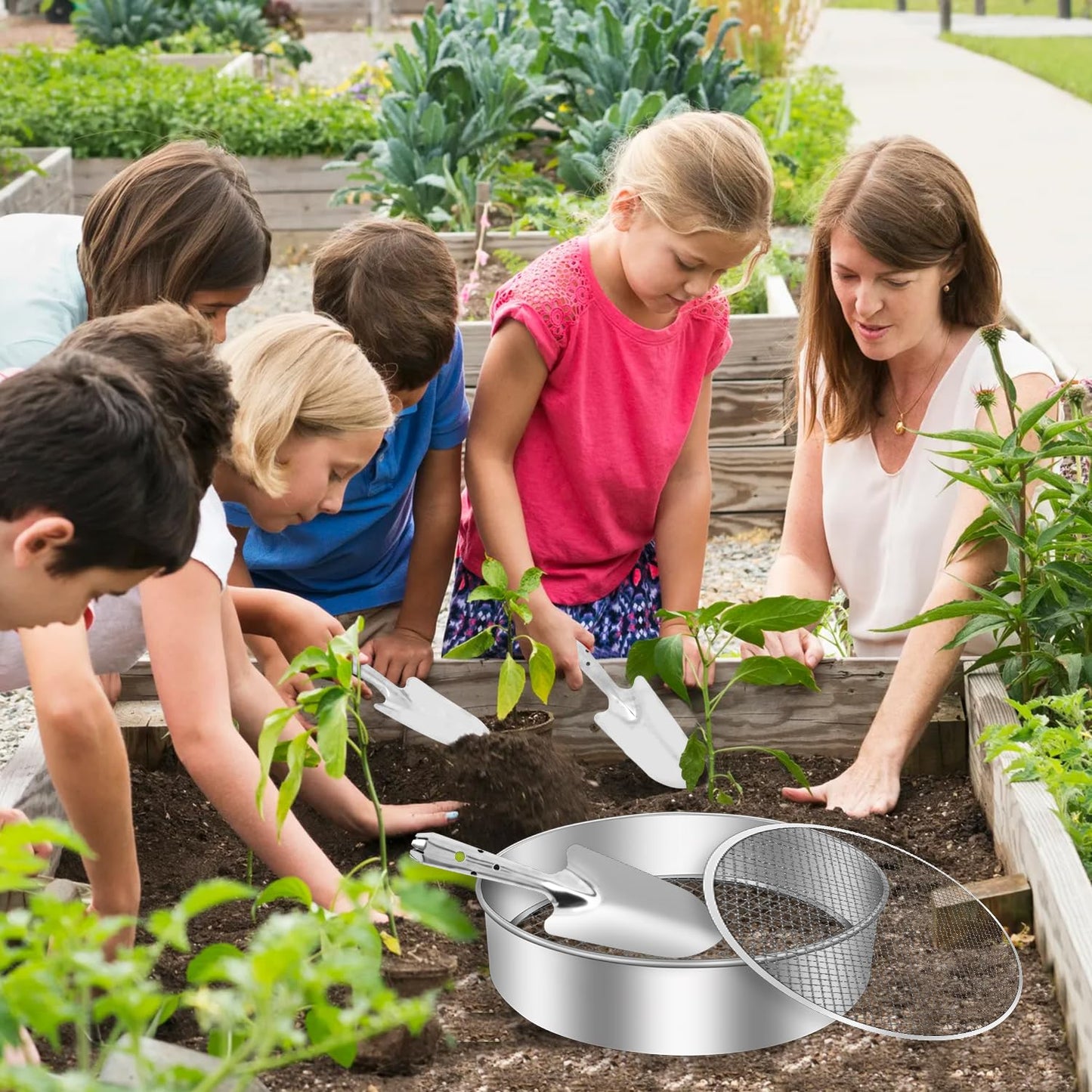 Jazlyvex 30 cm garden sieve with 5 interchangeable, stainless steel compost sieves for sifting soil, compost, and sand, includes a garden shovel.