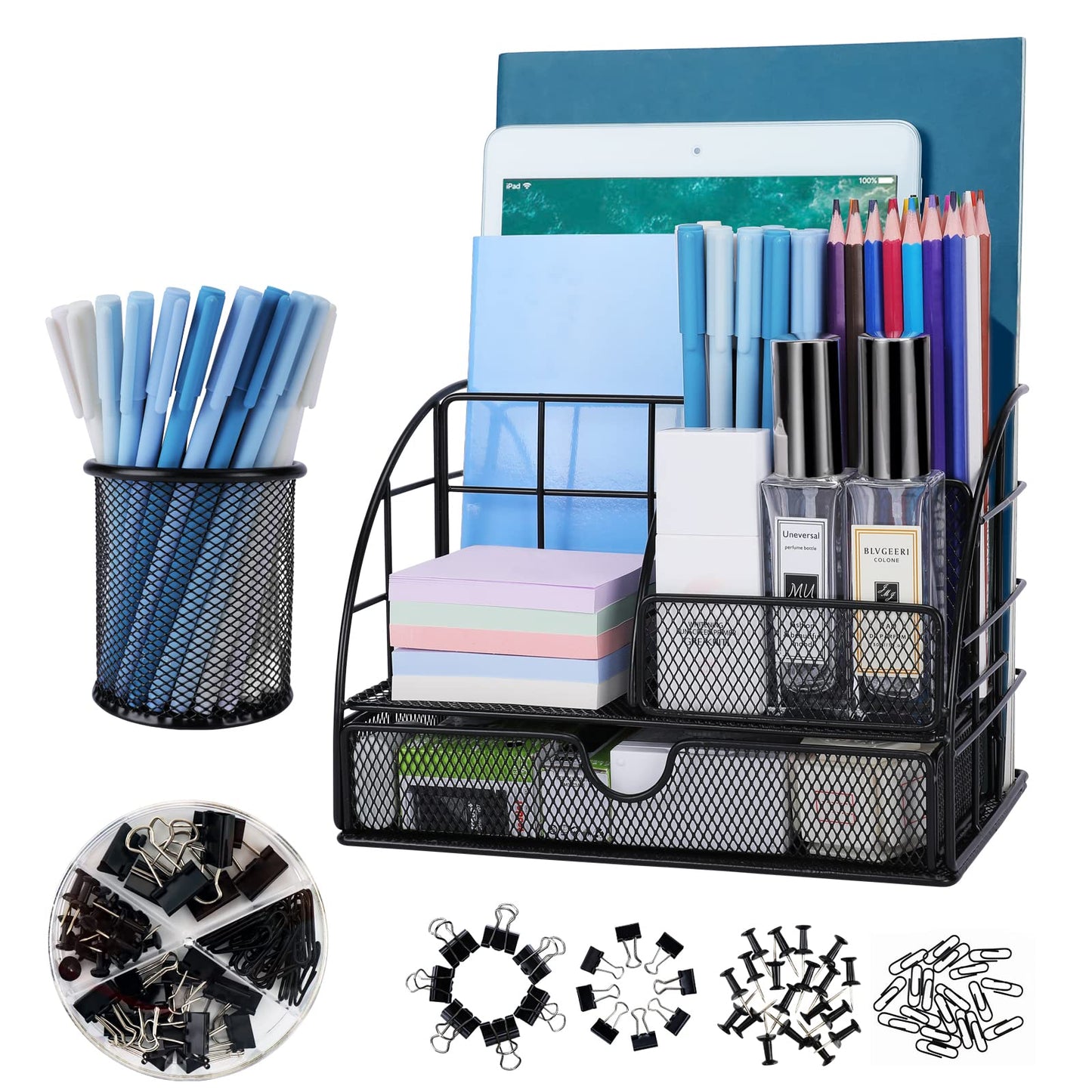 Casavibe updated desk organizer and accessories, multifunctional mesh desk organizer with 6 compartments + pen holder, 72 accessories, office supply organizer with drawer, for office.