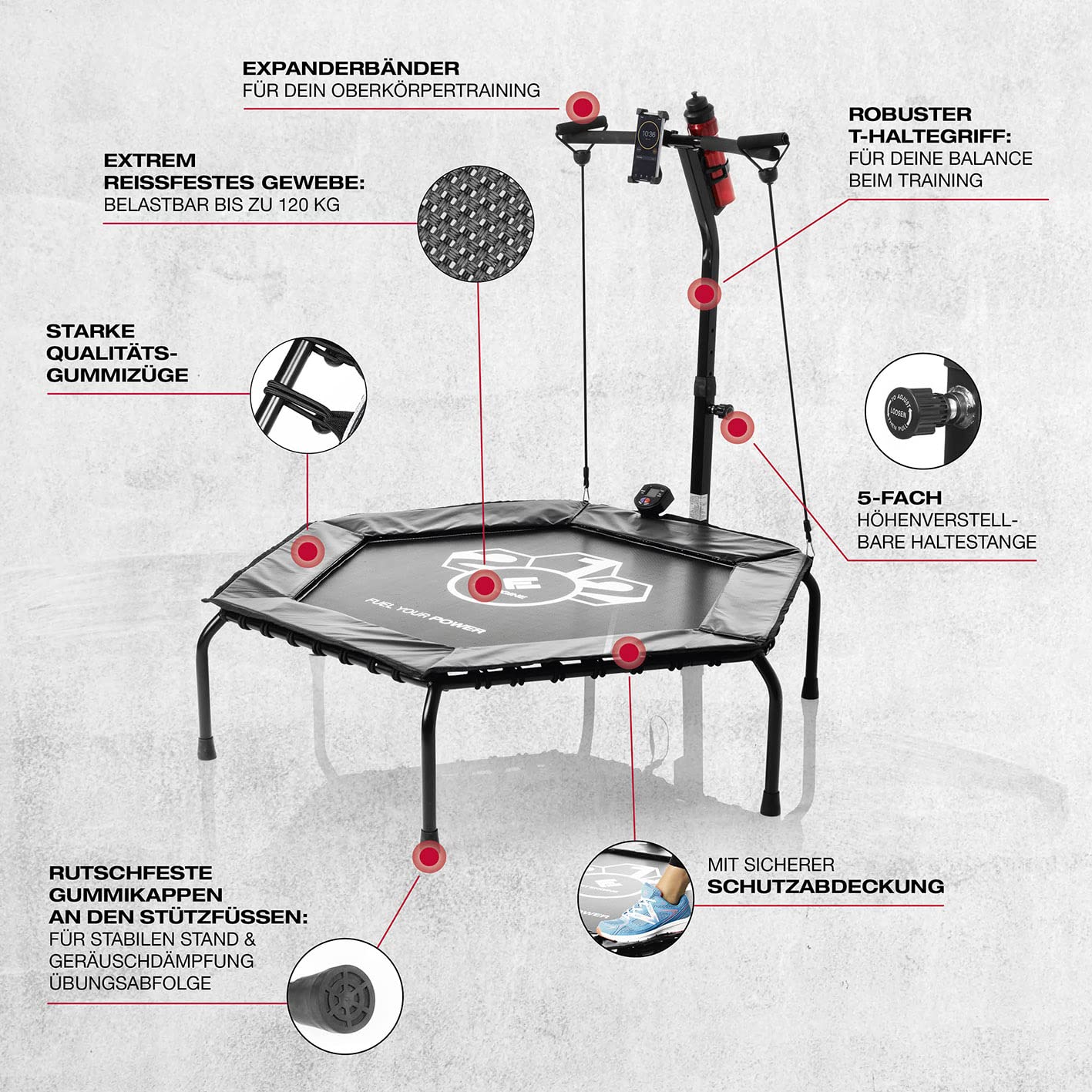 FitEngine Fitness Trampoline Smart + Heart Rate Monitor Set | Trampoline with 5-level adjustable handle | Pulse measurement during endurance & cardio training with Bluetooth function