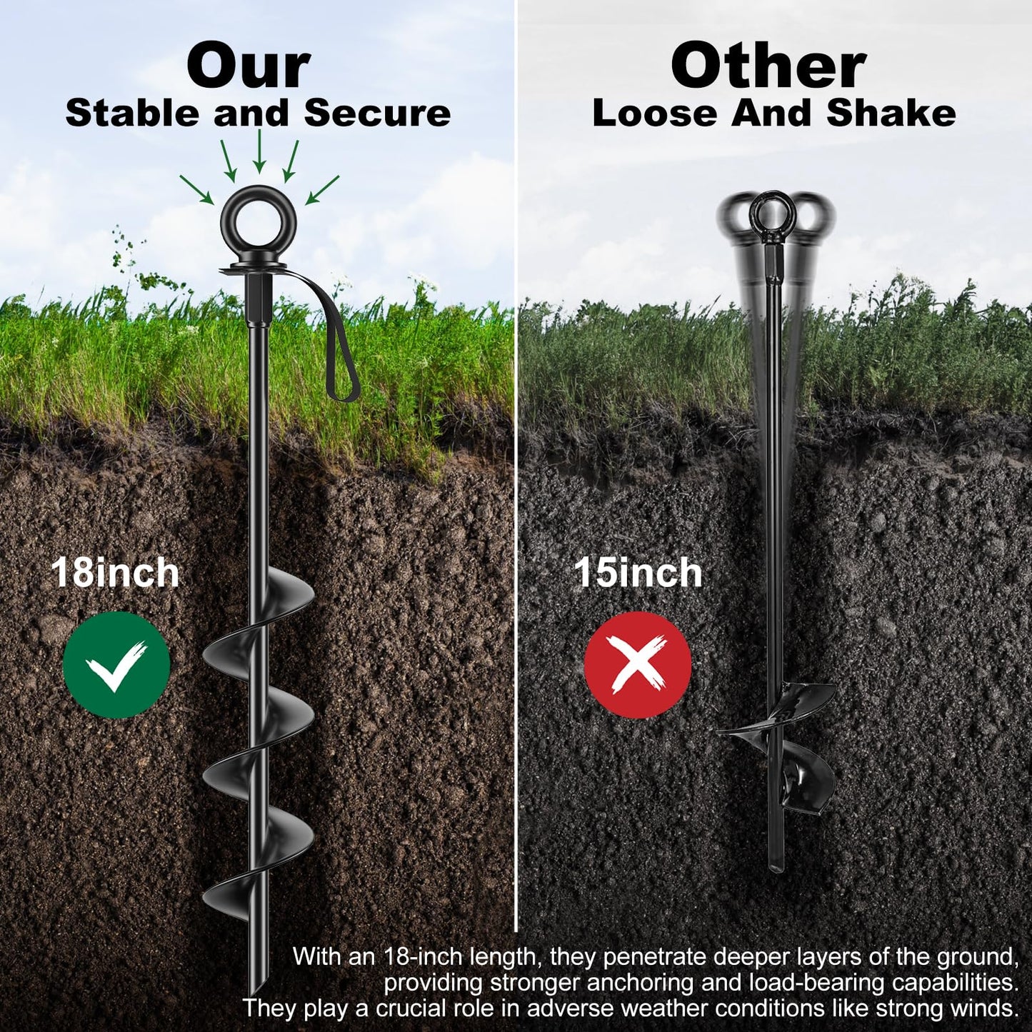 Ewilibe ground anchor 45.7cm made of steel for securing tents, swing sets, canopies, camping gear, trampolines, etc. Resistant to strong winds and rust.
