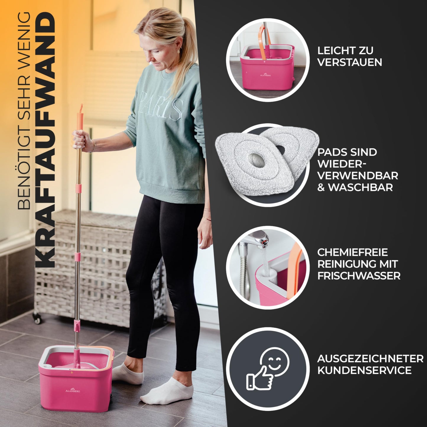 ALANBERG® mop set with bucket, 2-chamber system separation of dirty and clean water, self-wringing with 160 cm telescopic pole & 2 microfiber pads, suitable for all floors, space-saving, pink