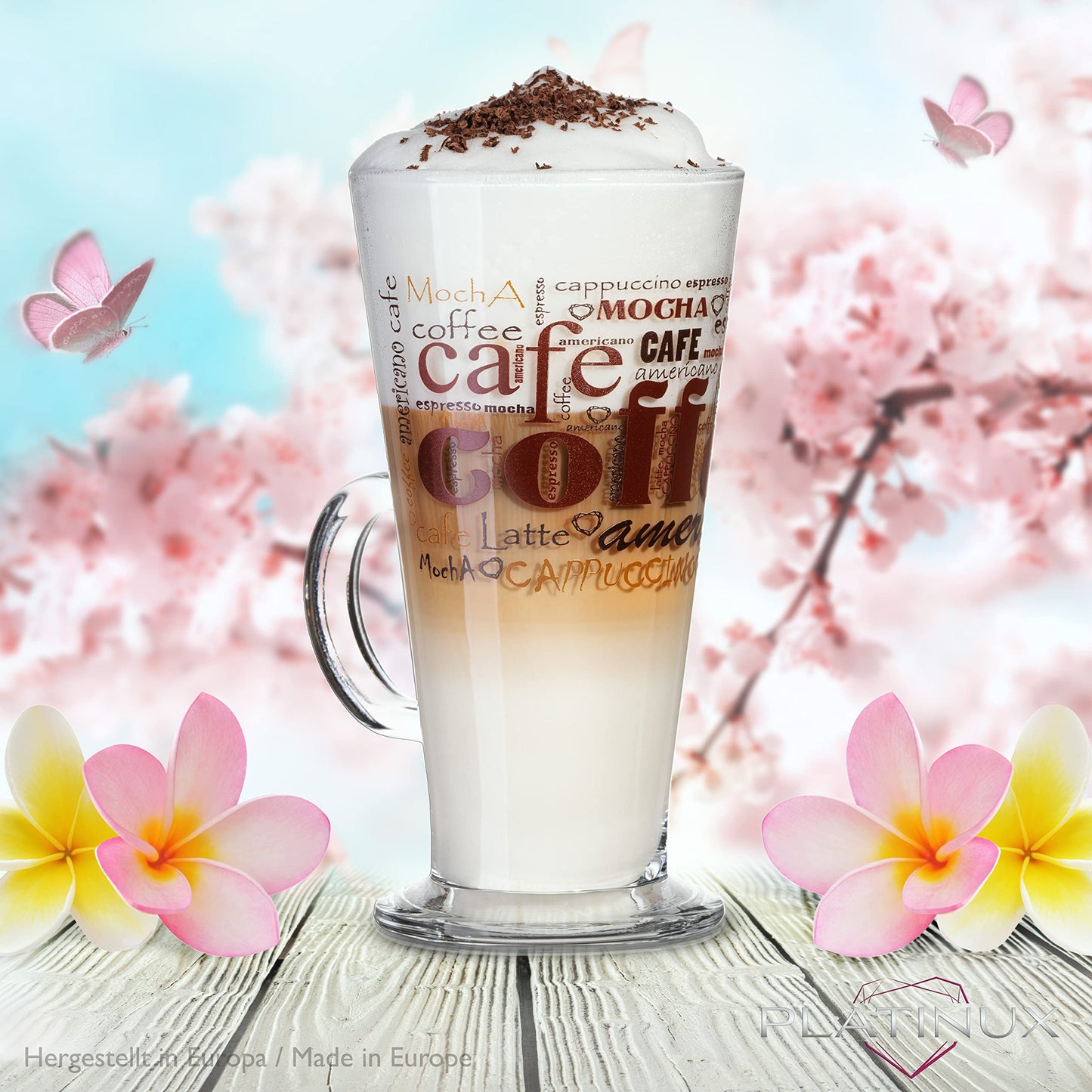 PLATINUX Coffee Glasses with design max. 280ml Set of 6 made of glass Latte Macchiato Glasses with handle Cappuccino Glasses