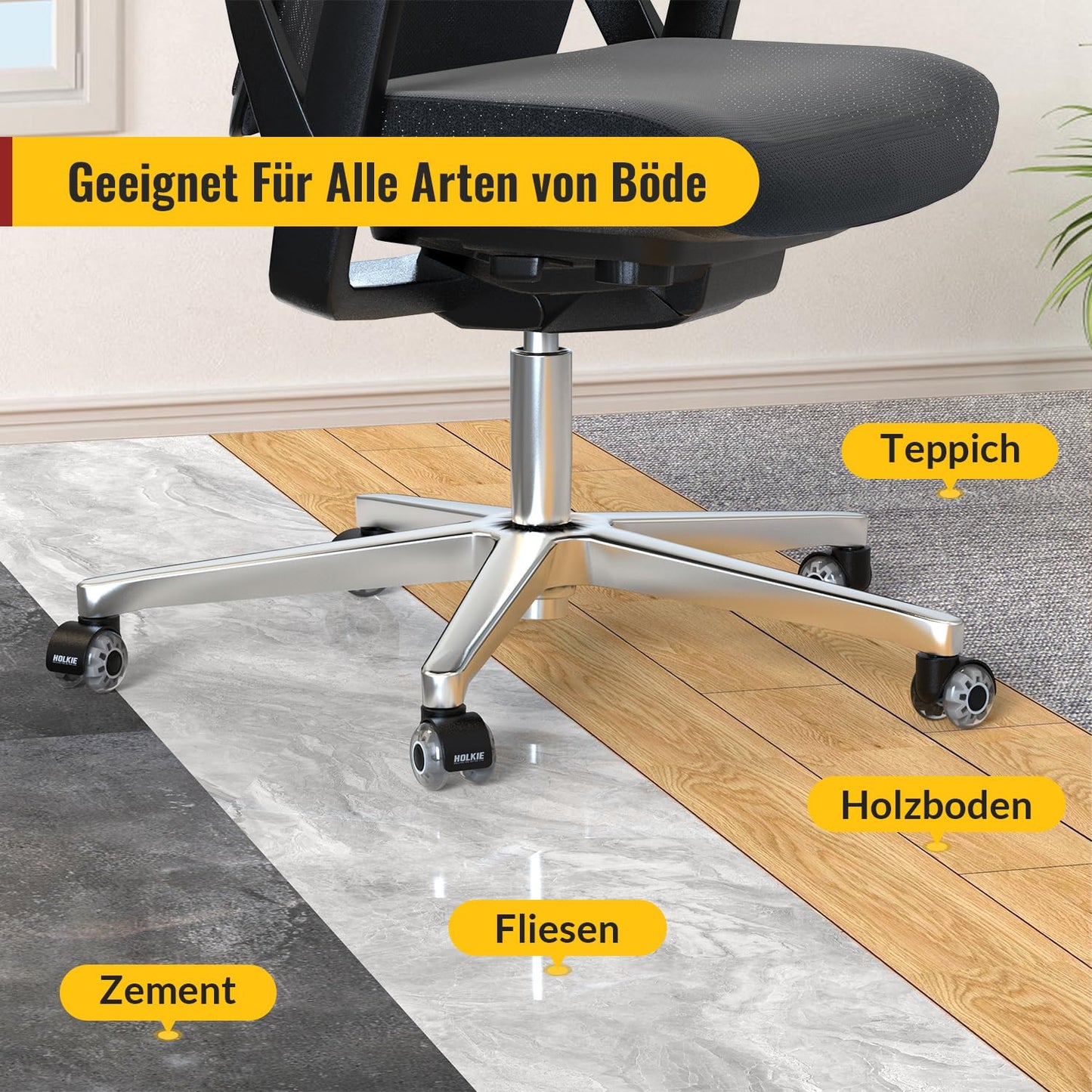 HOLKIE office chair casters 10mm suitable for 1KEA 5-piece set GreyRubber casters for office chairs Desk chairs with double wheels Chair casters for parquet Suitable for hard floors Quiet & smooth gliding