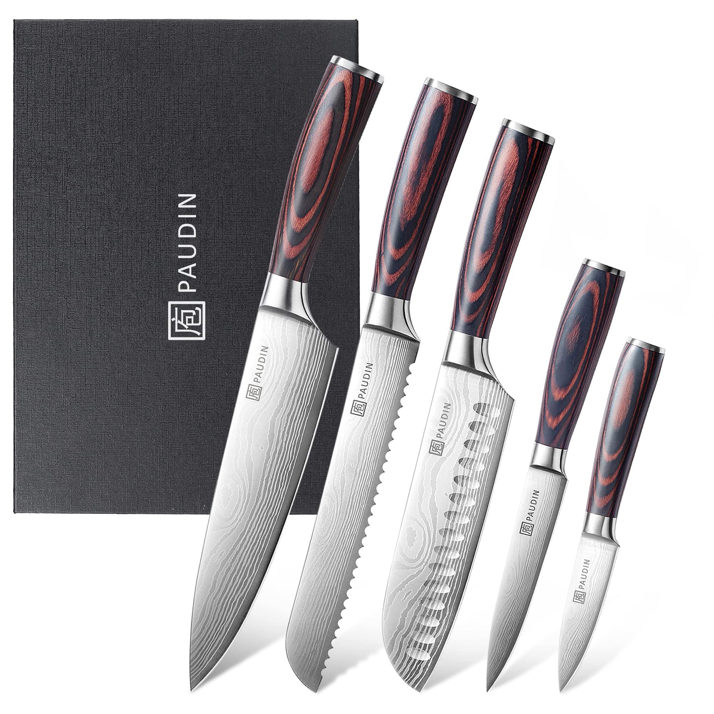 PAUDIN Kitchen Knife Set, 5-piece kitchen knife set made of high-quality carbon stainless steel, ultra-sharp knife set with chef's knife, cleaver, and utility knife.