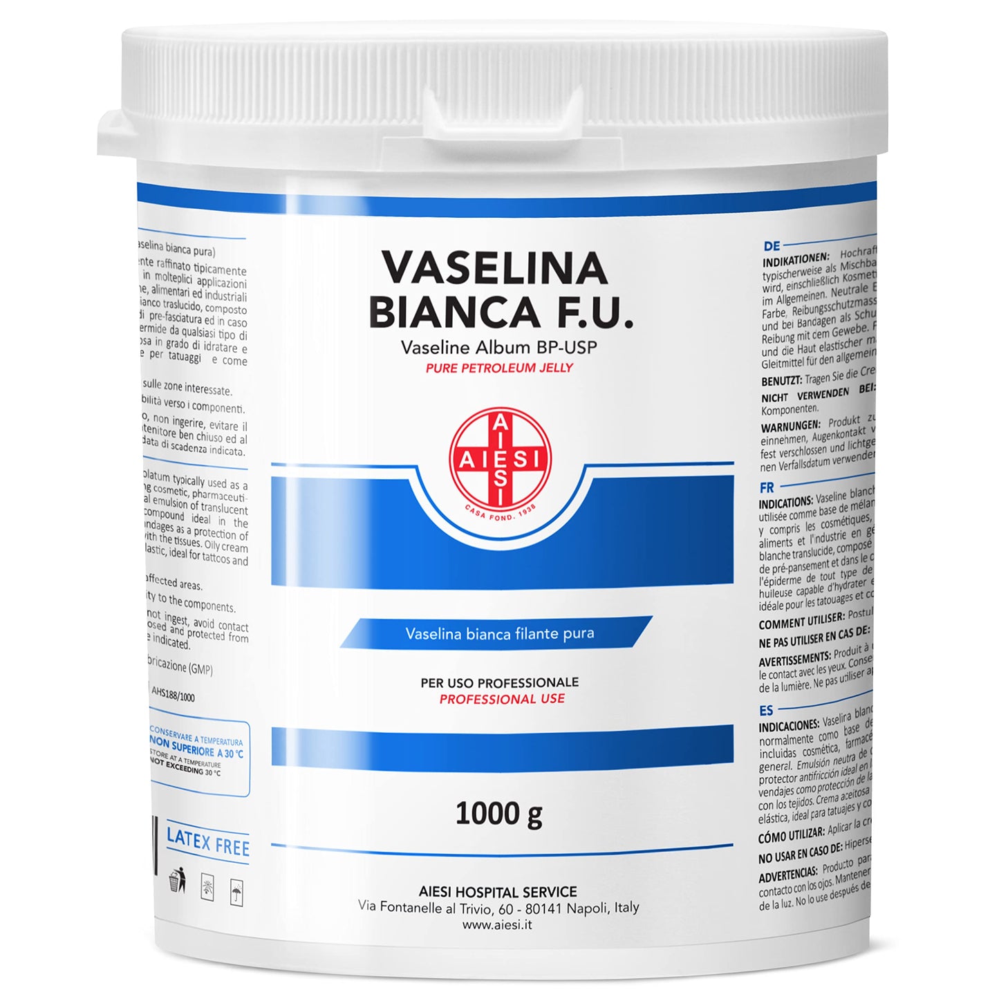 AIESI® White Pure Petroleum Jelly Ph.Eur. (1 kg glass jar), For medical, dermatological, and professional use, Made in Italy