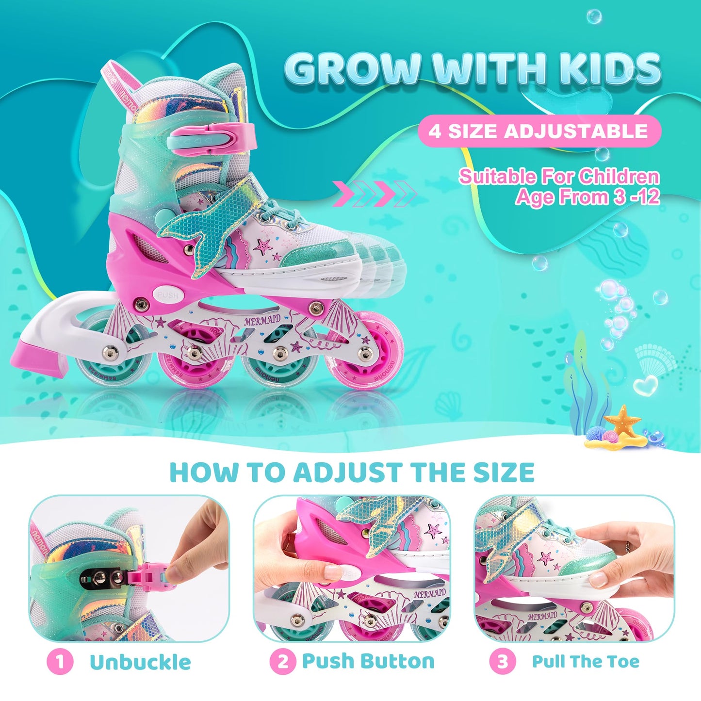 NEMONE Inline Skates for Girls Kids 4 Sizes Adjustable Green Pink inline skates for kids Indoor Outdoor Girls Kids