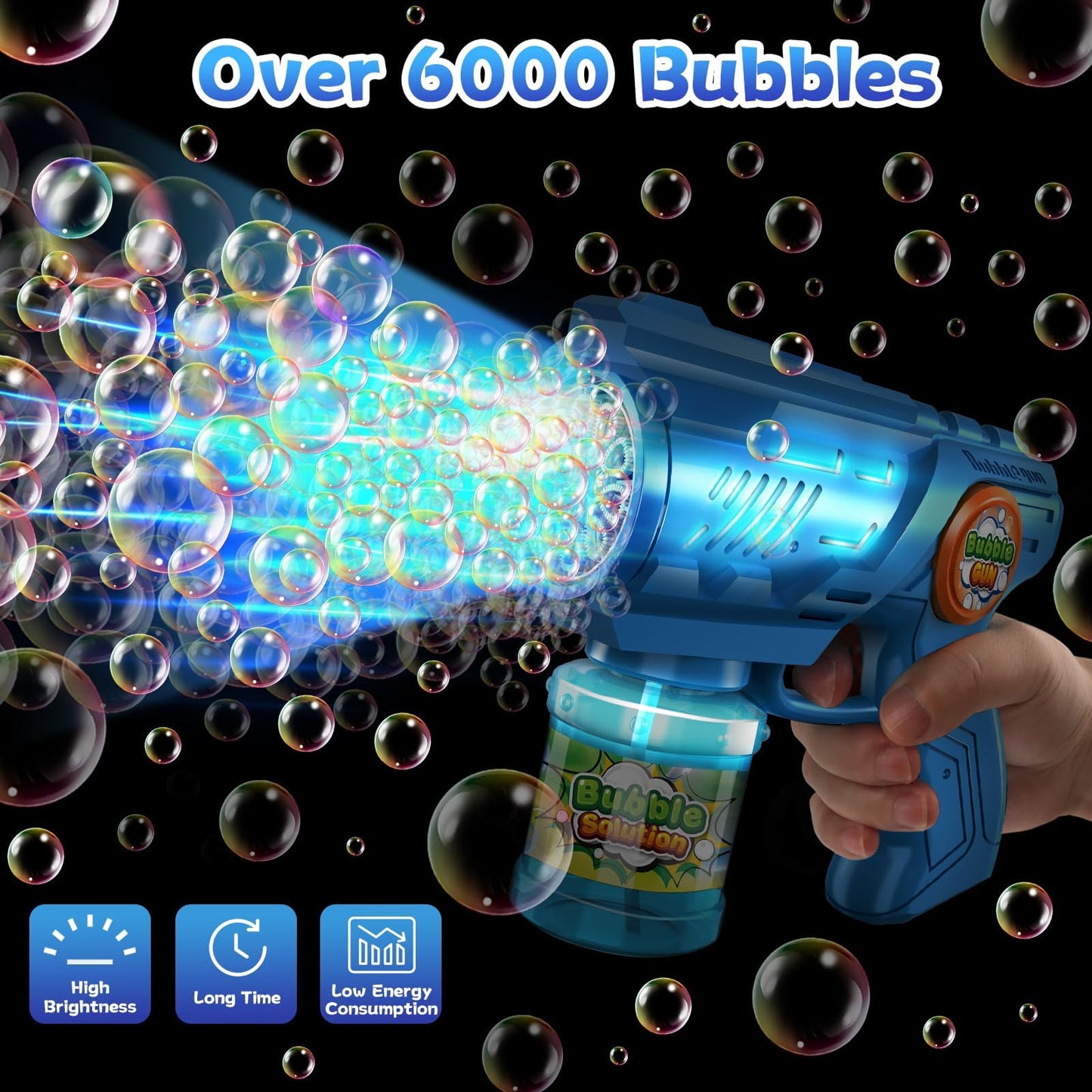 ROMINVIC Bubble Machine, Kids Bubble Gun Machine: LED Electric Bubble Blower With 100 ML Tank Blue Automatic Bubble Maker For Kids Shooter Party Toy