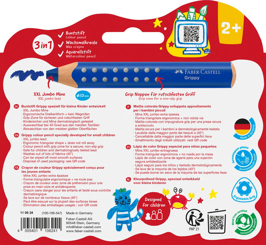 Faber-Castell 110624 Grippy Set, 10 jumbo colored pencils for toddlers, easily washable drawing pencils for kids, ergonomic triangular shape, thick colored pencils, 10mm lead.