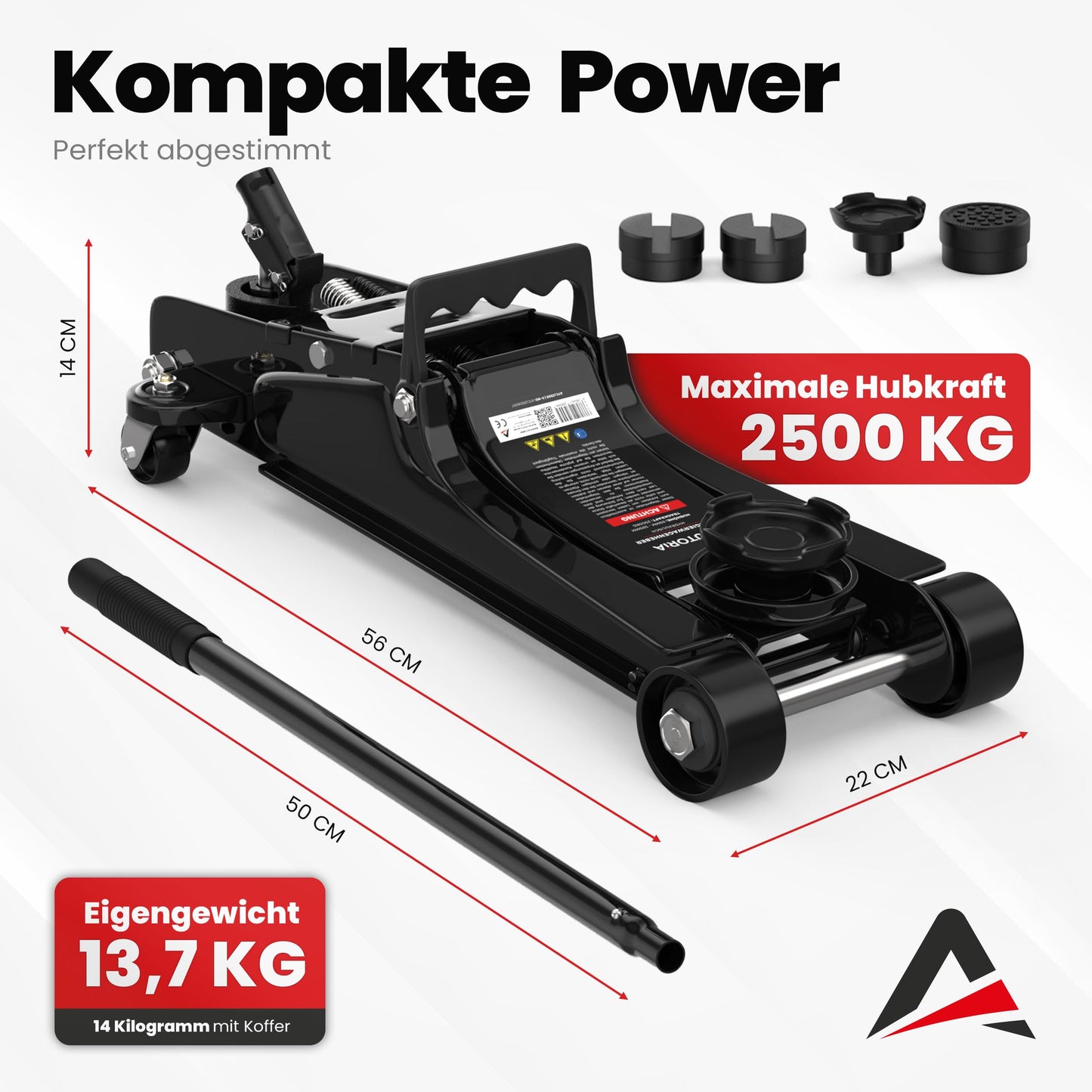 AUTORIA Jack 2.5T - Low-profile hydraulic trolley jack with case, 3X rubber pads & adapter - for cars & lowered vehicles - up to 2,500 kg lifting capacity
