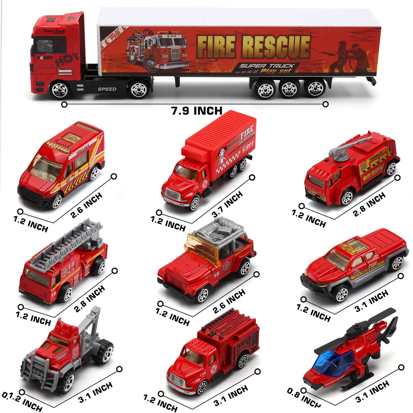 19-in-1 Fire Truck Set, Fire Department Toy Fire Trucks in Truck with 9 Figures for Kids 3+ Years Old