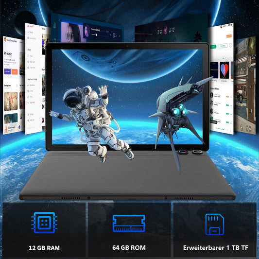 10-inch tablet 8-in-1 kit Android 14 tablet PC with case keyboard mouse stylus headphones charger cable Octa-Core 12GB RAM 64GB ROM 1TB TF expandable 1280x800 IPS touchscreen 5000mAh battery (Black)