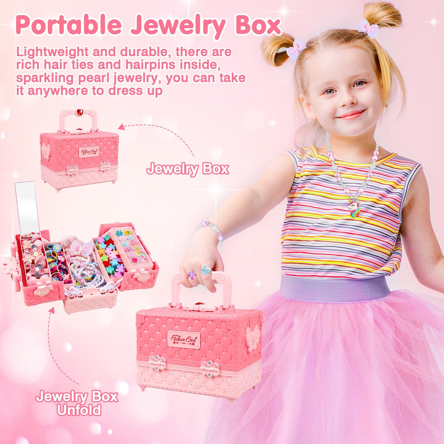 172 piece jewelry toy set for girls, including jewel rings, necklaces, bracelets, hair ties, hair clips, princess dress-up toys. Perfect gifts for girls aged 3-10+ for birthdays and Christmas.