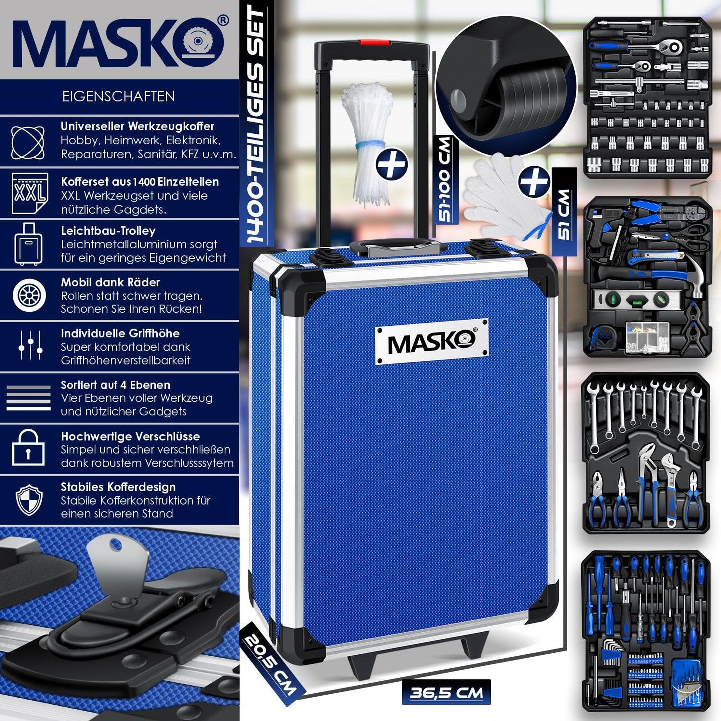 MASKO® 969-piece tool kit toolbox tool chest tool trolley professional 969 parts quality tools - Blue