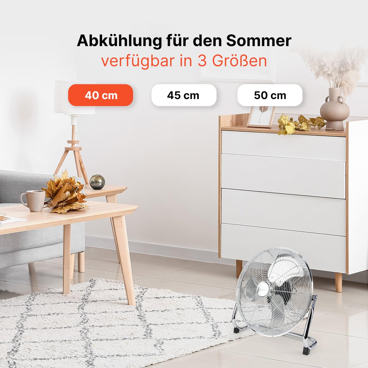 ProfiCare® Wind machine with 40 cm Ø | Fan adjustable angle | Floor fan 3 speeds | Metal fan quiet | Air cooler | Stand fan | Room cooler | PC-VL 3065 WM chrome