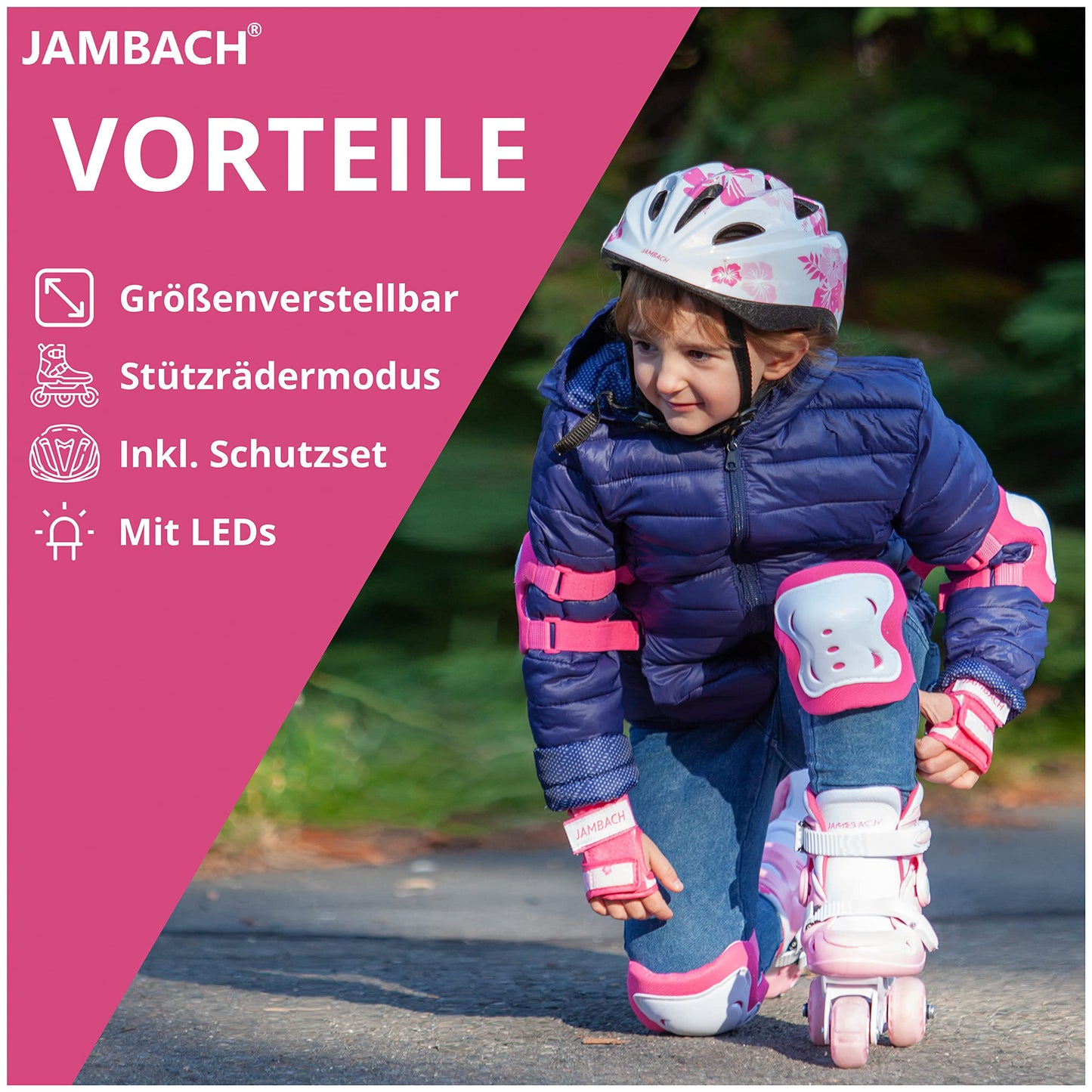 JAMBACH Children's Inline Skates with protective gear, adjustable to roller skates with LED lights (Pink-White, XS (26-29))