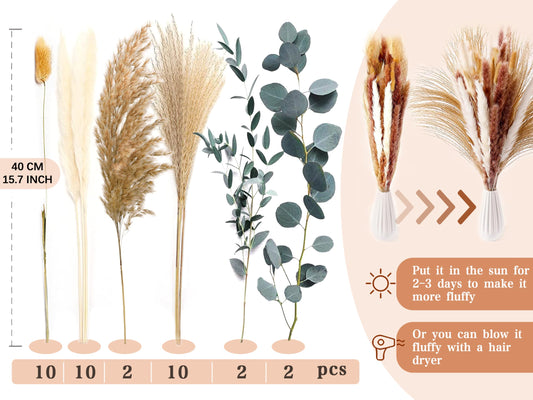 ZJTAPE Pampas Grass Dried Natural Dry Flowers - Dried Eucalyptus and Lagurus Decor, Dried Flower Bouquet for Crafting, Wedding Table, Living Room Vases, Boho Home Decor
