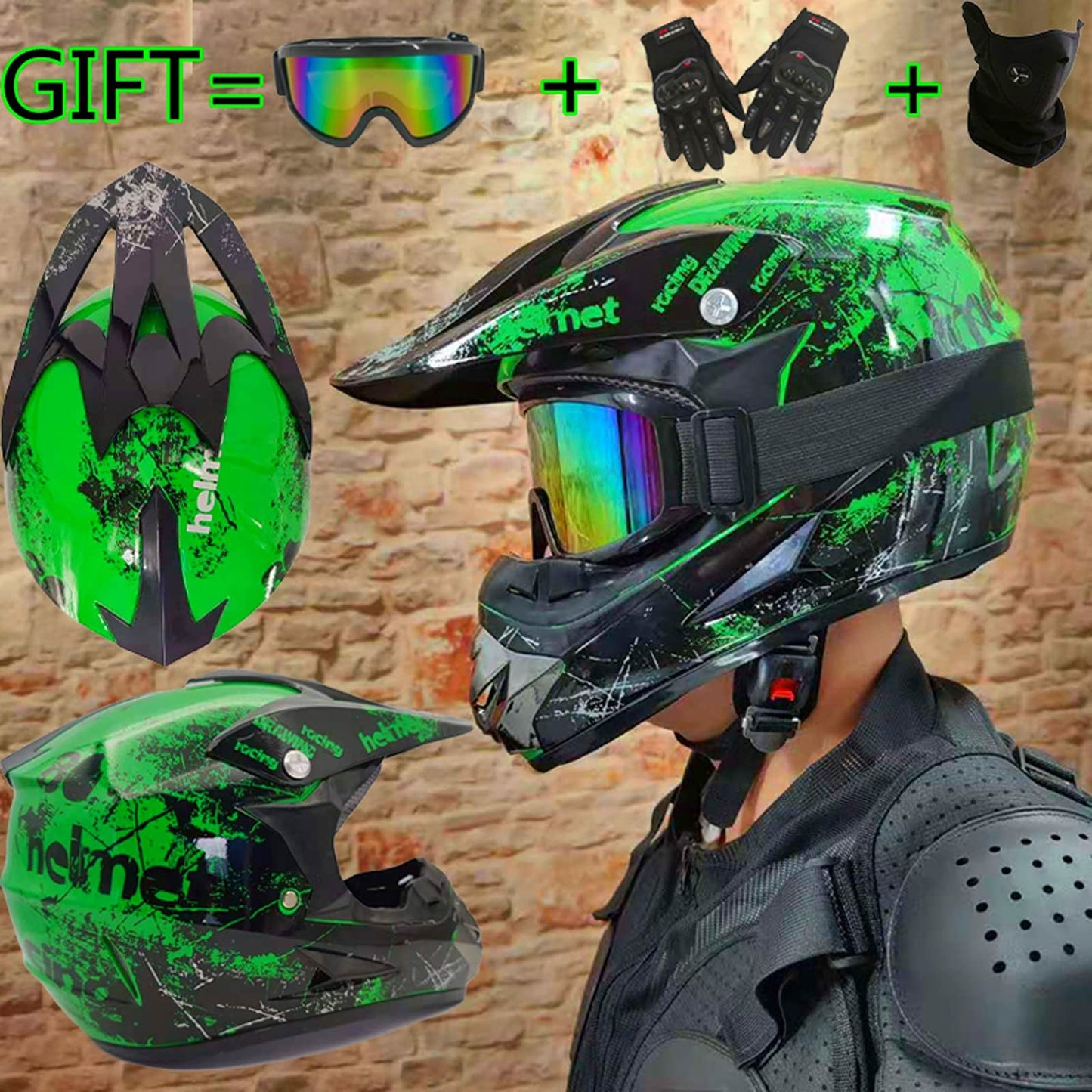 UIGJIOG MTB helmet full face for kids, motorcycle helmet green and orange adult motorcycle downhill full face helmet for mountain bike mountain buggy sports protection, green