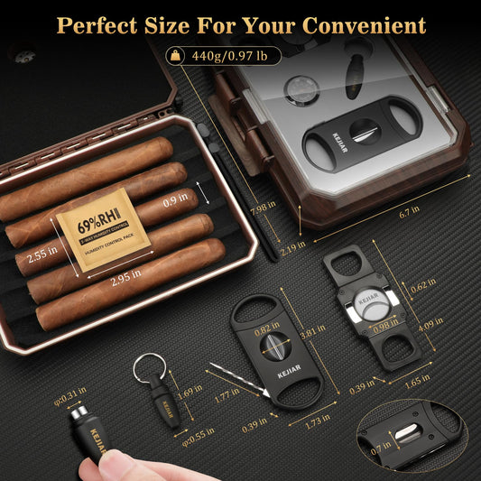 KEJIAR Cigar Humidor Set Travel Humidor for Cigars Includes 2 multifunctional cigar cutters, cigar punch, humidity pack, hygrometer, cigar box Cigar box Gifts for Men