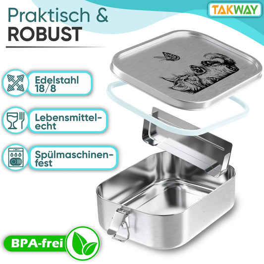 TAKWAY Stainless Steel Lunch Box for Kids with Compartments 800ml | Leakproof | Bento Box with Adjustable Dividers | Snack Box for Nursery School (Cat, Divider)