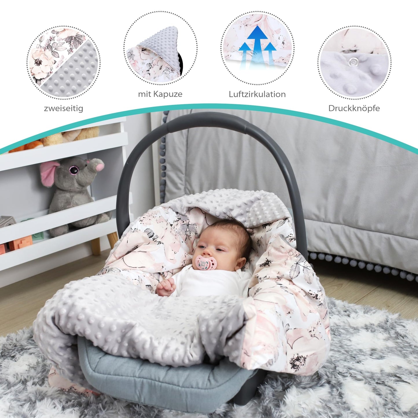Impact blanket for infant car seat, baby blanket 90x90 cm - footmuff for stroller and car seat. All-season use for newborns and toddlers. Compatible with 3 and 5 point harness. Made of Minky Oeko-Tex fabric.