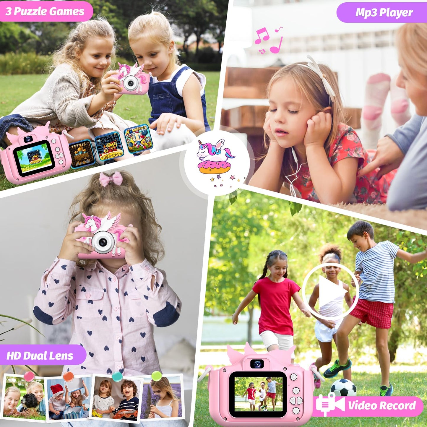 Children's camera, Unicorn Selfie Digital Camera with 32GB Card, Christmas birthday gift for boys and girls, 1080P HD Kids Camera, gifts toy for 3 4 5 6 7 8 9 10 11 12 years.