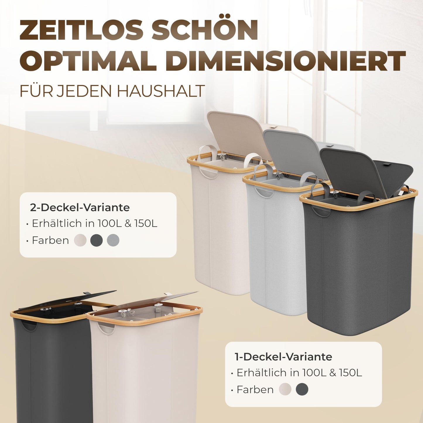 Laundry basket 150L with 2 lids and 2 compartments - Foldable laundry collector made of bamboo fabric Beige - Laundry box, laundry chest, laundry container, laundry separator for bathroom, bedroom & laundry room.