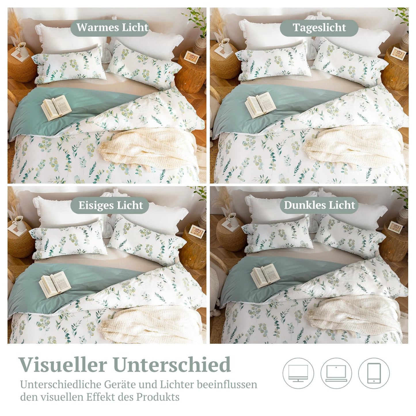 MILDLY bedding 200x200 cotton, bedding sets with plant pattern, zipper, ÖkoTex certified, includes 1 duvet cover 200x200 and 2 pillowcases 80x80, green (Katharina)